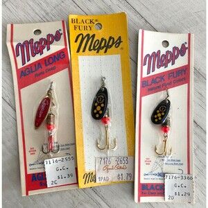 VTG Lot of 3 NOS Mepps Black Fury Aglia Long Fishing Lures Spinners Yellow Red